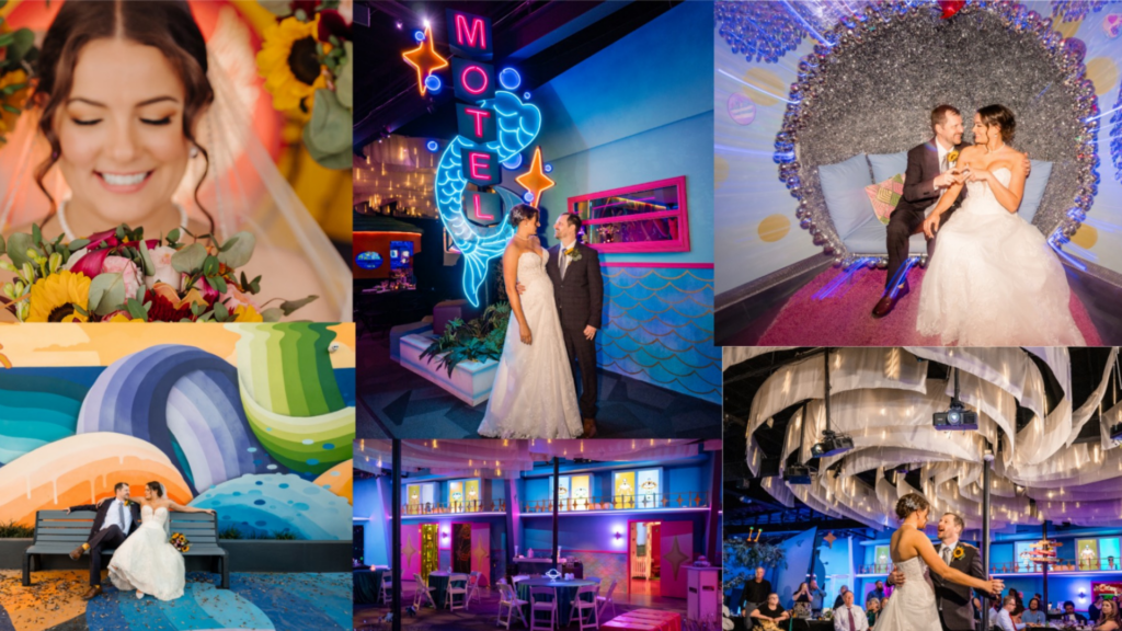 Collage of FloridaRAMA as a wedding venue featuring neon art installations, colorful murals, and immersive reception spaces