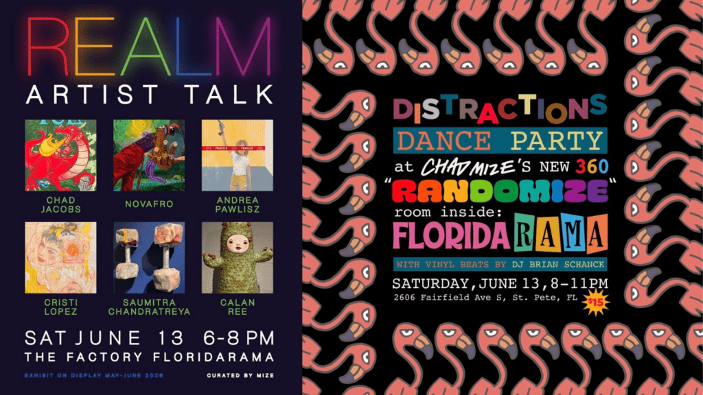 Event flyer for the REALM Artist Talk and DISTRACTIONS Dance Party at FloridaRAMA on June 13